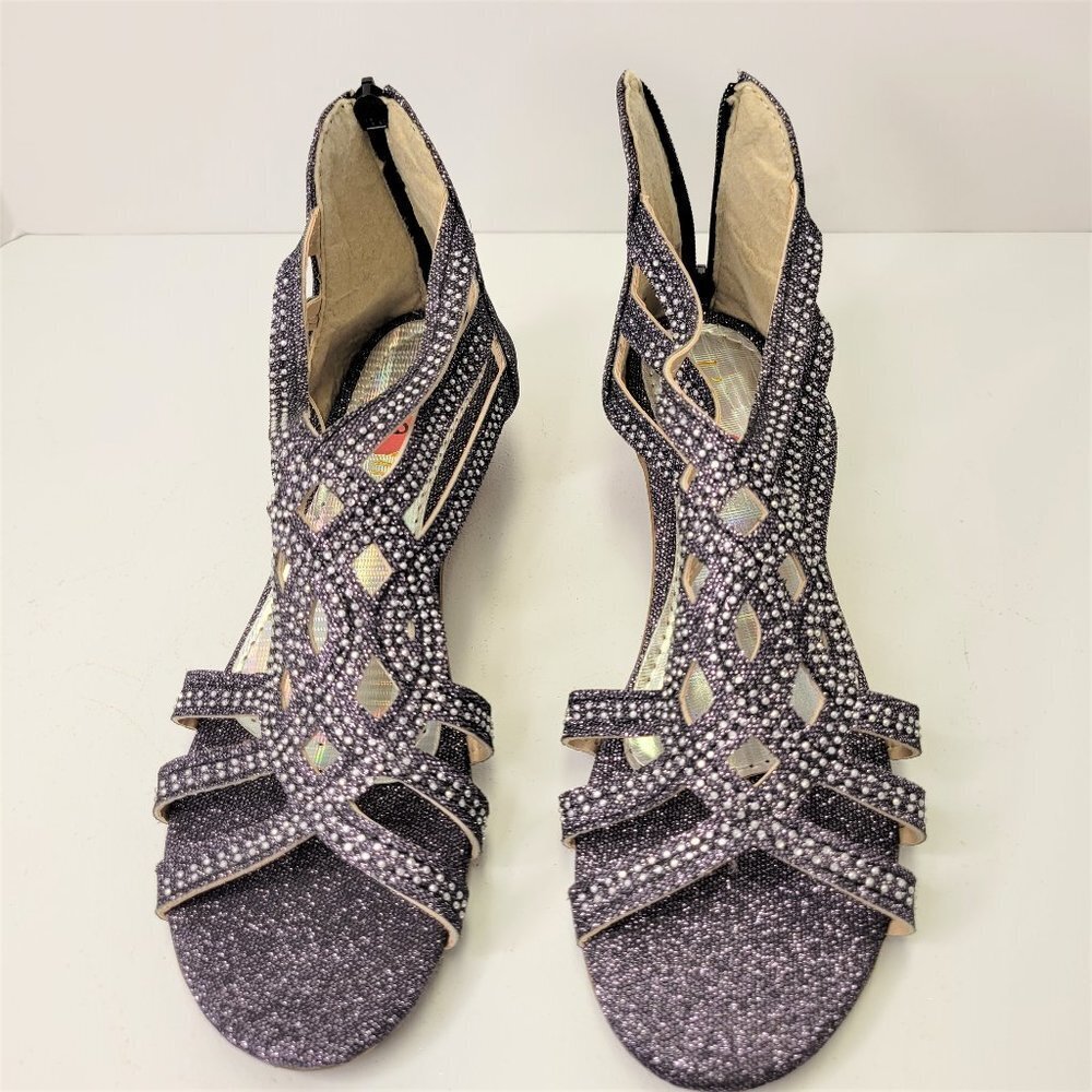 Size 8 Womens Sequin Shoes Grey Wedge Sandals Low Heels Flats Open Toe Shoes NEW